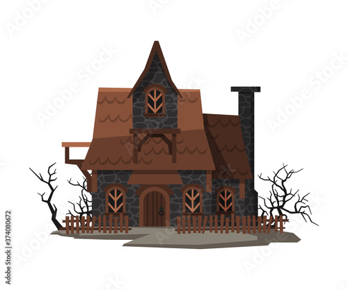 Scary Abandoned House, Halloween Haunted Small Cottage Vector Illustration on White Background