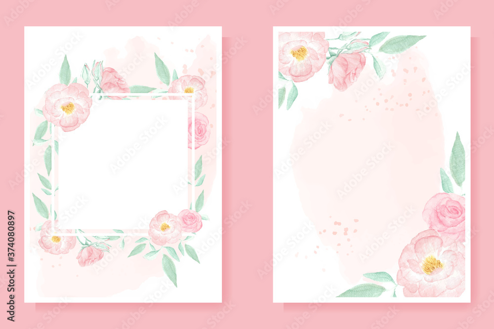 watercolor pink wild rose on pink splash background  for wedding invitation or birthday card 5x7 template collection