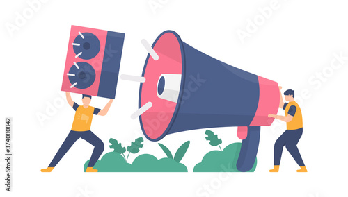 the concept of public relations, refer a friend, share information. illustration of a team using magaphones and speakers to make announcements. flat design. can be used for elements, landing pages, UI