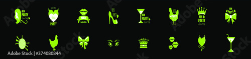set of hen party cartoon icon design template with various models. logo, crown and more vector illustration isolated on black background