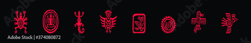 Ancient mexican vector mythology symbols. american aztec, mayan culture native totem patterns. Aztec and mexican tattoo, illustration of mayan symbol tattoo on black background