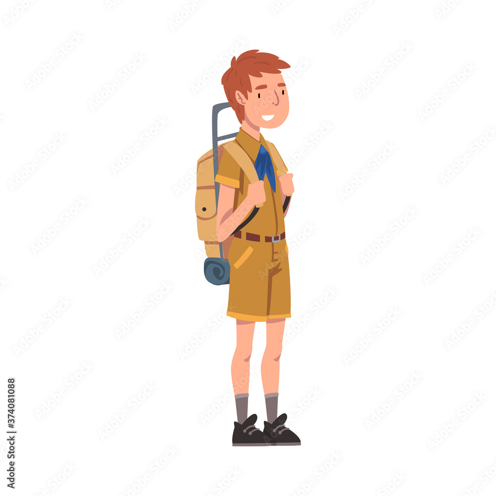 Scout Boy Standing with Backpack, Scouting Kid Character Wearing Uniform and Neckerchief, Summer Camp Activities Vector Illustration