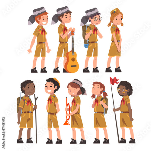 Scouts Boys and Girls Set, Scouting Kids Characters Wearing Uniform and Red Neckerchiefs, Summer Camp Activities Vector Illustration photo