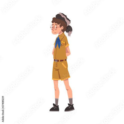 Scout Boy, Scouting Kid Character Wearing Uniform, Blue Neckerchief and Coonskin Cap, Summer Camp Activities Vector Illustration photo