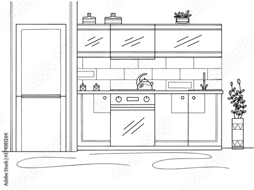 Kitchen furniture. Vector illustration in sketch style