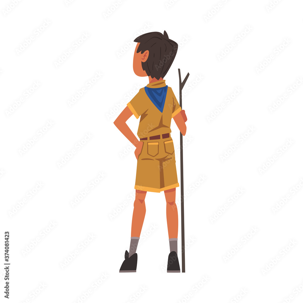 Back View of Scout Boy with Wooden Stick, Scouting Kid Character Wearing Uniform and Blue Neckerchief, Summer Camp Activities Vector Illustration Back View of Scout Boy with Wooden Stick, Scouting Kid Character Wearing Uniform and Blue Neckerchief, Summer Camp Activities Vector Illustration