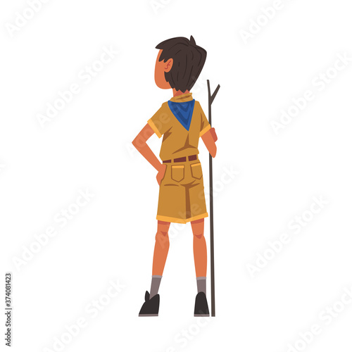 Back View of Scout Boy with Wooden Stick, Scouting Kid Character Wearing Uniform and Blue Neckerchief, Summer Camp Activities Vector Illustration