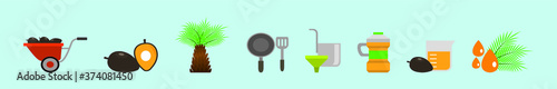 set of palm oil. bottle, tree, pan and more vector illustration with various models isolated on blue background