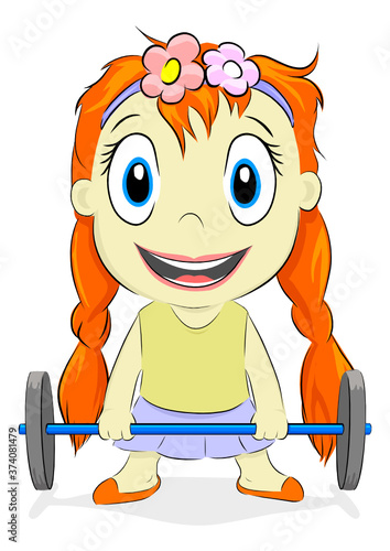Red hair girl lifts a barbell hand-drawn vector illustration suitable for supporting children's sports