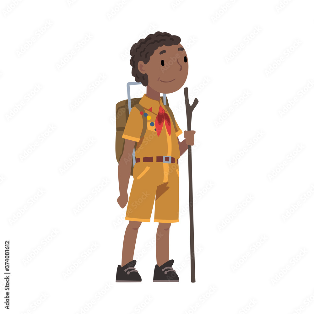 Scout Boy with Backpack and Wooden Stick, Scouting Kid Character Wearing Uniform and Neckerchief, Summer Camp Activities Vector Illustration Scout Boy with Backpack and Wooden Stick, Scouting Kid Character Wearing Uniform and Neckerchief, Summer Camp Activities Vector Illustration
