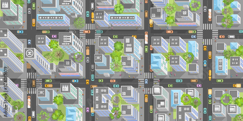 City panorama. Isometric top view.
Streets, houses, buildings, roads, crossroads, trees, cars. View from above.