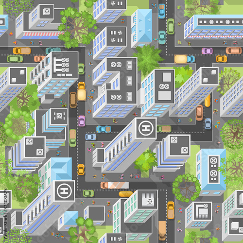 Seamless pattern cityscape. Isometric top view. The city with streets, houses, roads, cars. (view from above) 