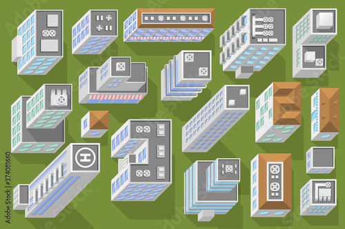 City set. Top view. Skyscrapers, houses, buildings. View from above.