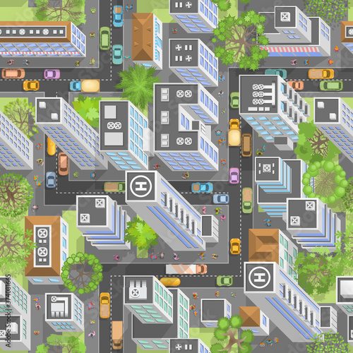 Seamless pattern cityscape. Isometric top view. The city with streets, houses, roads, cars. (view from above) 