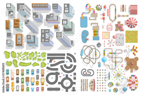 Set of landscape elements. City. (Top view) Houses, buildings, attractions, road, cars, people, trees. (View from above)