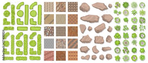 Set of park elements. (Top view) Collection for landscape design, plan, maps. (View from above) Paths, stones, green fences, bushes and trees.