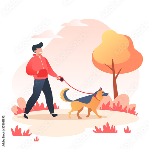 Man walking his happy dog in autumn park, pet care concept. Dog breed German Shepherd. The owner's love for his pet. Vector illustration