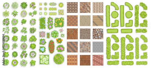 Green fence, trees, bushes and flower beds. (Top view) Different plants and trees vector set for architectural or landscape design. (View from above) Set of vector street pavements.