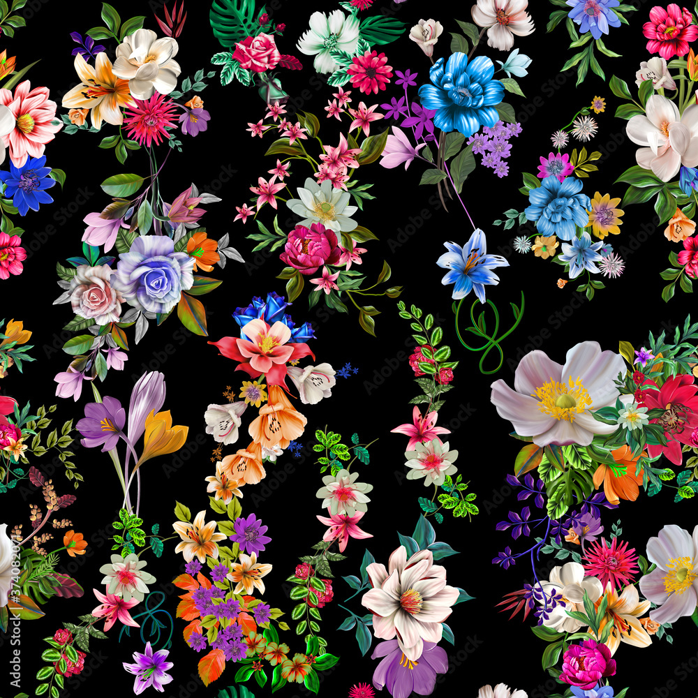 Seamless pattern with spring flowers and controlled. Hand background. Flower pattern for wallpaper or fabric. Flower rose. Botanical Tile. Seamless pattern with spring flowers and controlled. Hand background. Flower pattern for wallpaper or fabric. Flower rose. Botanical Tile.