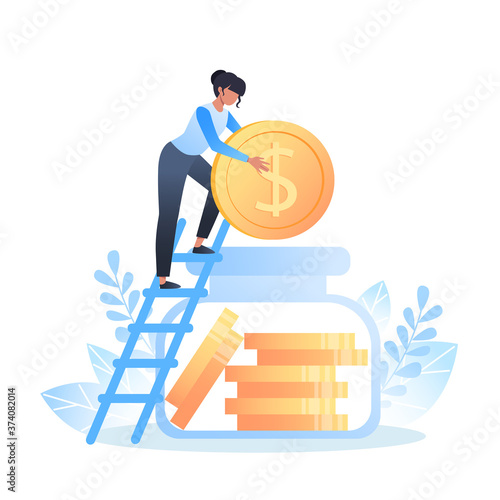 Saving and investing money. Woman stack dollar coins in money box, vector illustration for web design, site and mobile app