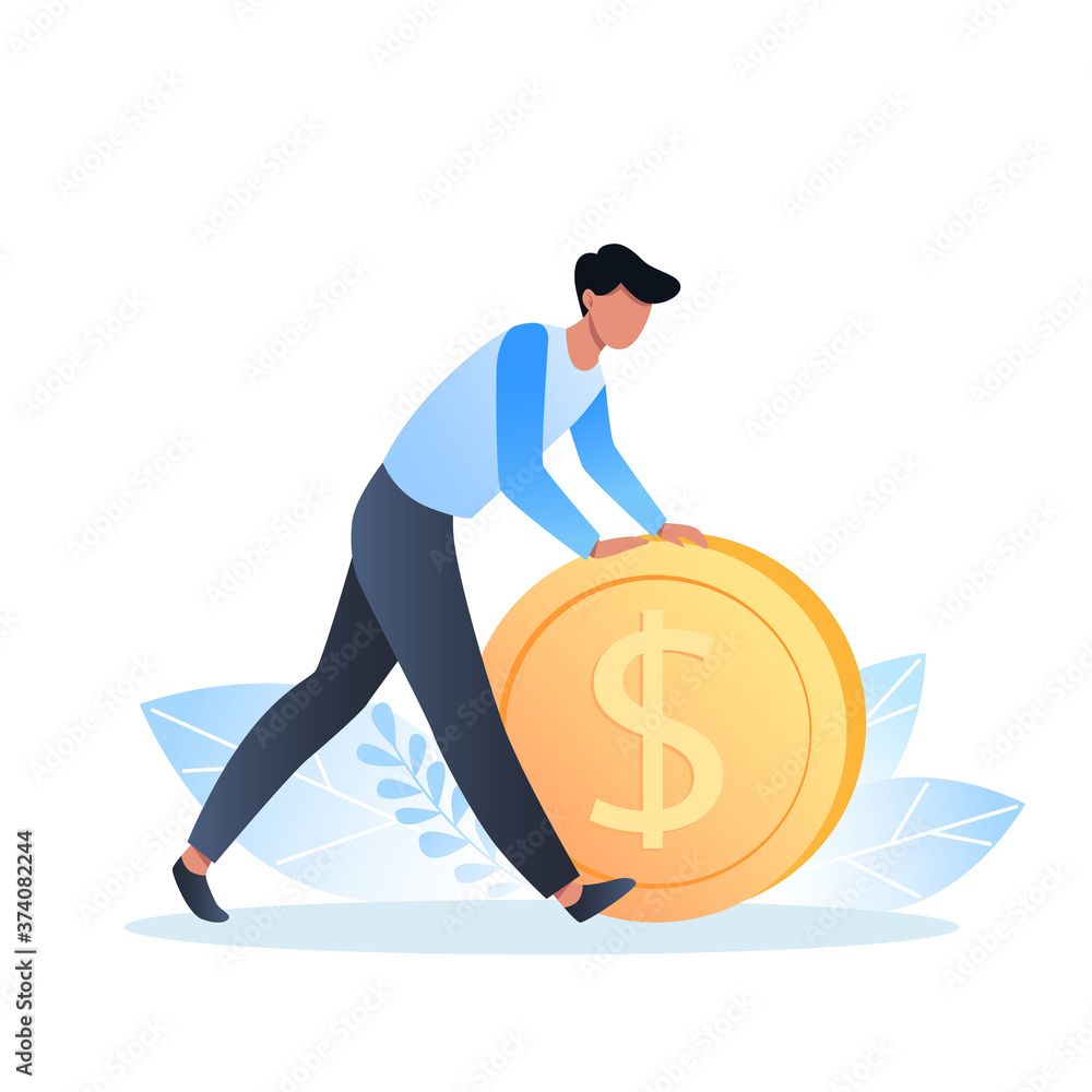 Saving and investing money. A man holds in hands a dollar coin, vector illustration for web design, site and mobile app Saving and investing money. A man holds in hands a dollar coin, vector illustration for web design, site and mobile app