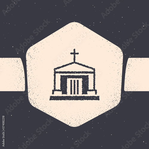 Grunge Old crypt icon isolated on grey background. Cemetery symbol. Ossuary or crypt for burial of deceased. Monochrome vintage drawing. Vector.