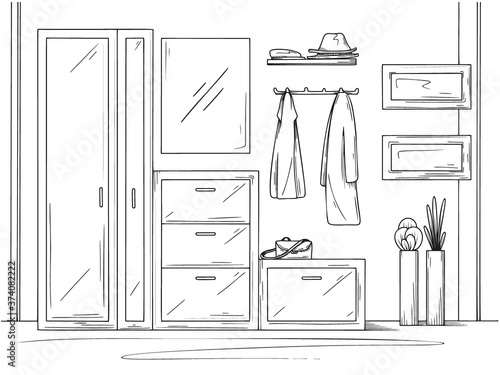 Sketch interior. Hallway furniture, various decorations and other elements. Vector illustration
