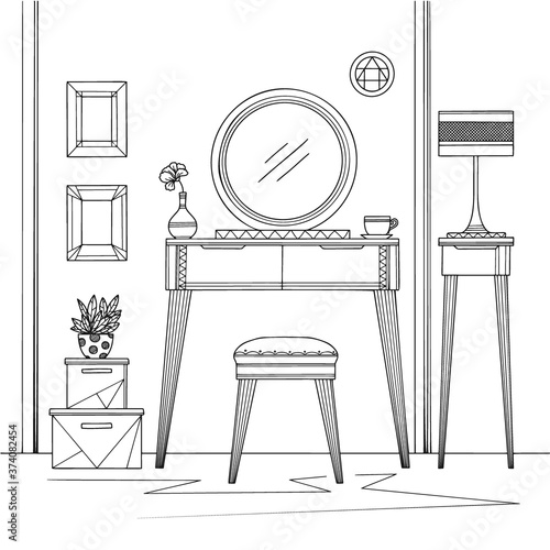 Sketch interior. Dressing table and other furniture. Vector illustration