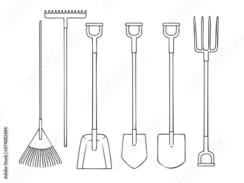 Set of different garden tools. Shovel, rake, pitchfork, spade isolated on a white background. Vector illustration
