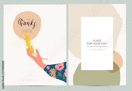 Thanksgiving greeting cards and invitations. A woman's hands hold an ear of wheat.Vector illustration.