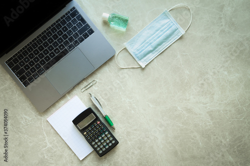 marble workspace about working safely during pandemic concept - office concept to fight the virus