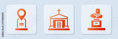 Set Old crypt, Location grave and Grave with tombstone. White square button. Vector.