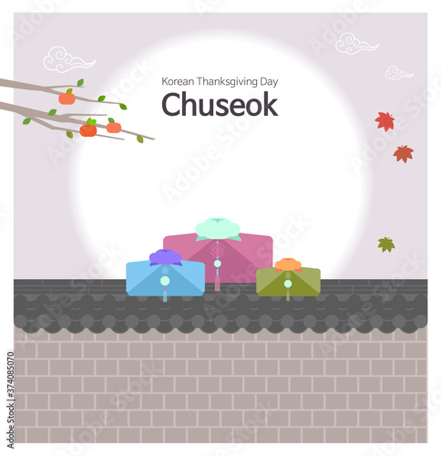 Fototapeta Naklejka Na Ścianę i Meble -  It is a good background to use for Chuseok, a traditional Korean holiday. It is an autumn background with a full moon floating and persimmon trees, maple leaves, and stone walls.