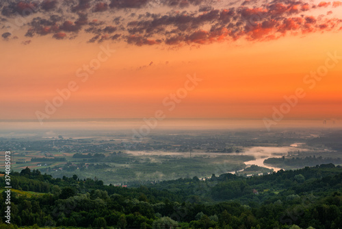 Beautiful View Over Dunajec Valley at Sunrise. Lesser Poland Landscape Panorama