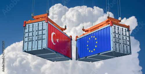 Freight containers with Turkey and European Union national flags. 3D Rendering 