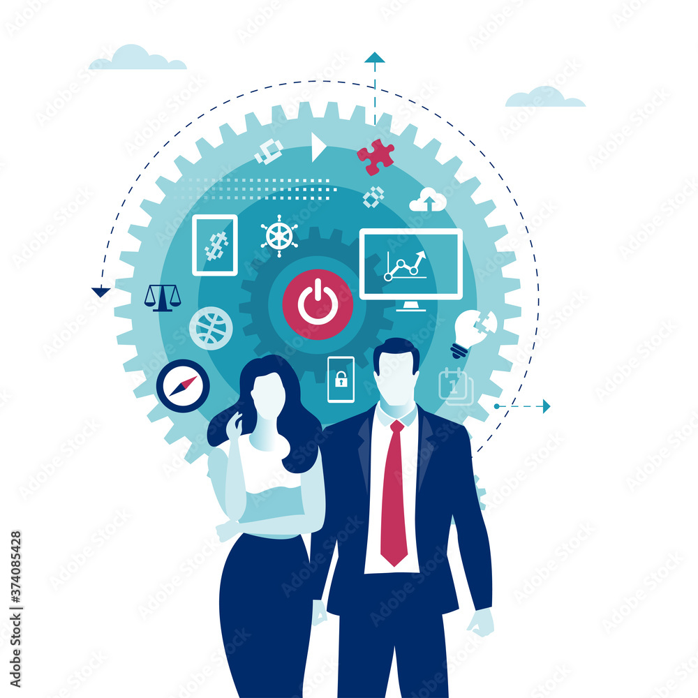 Starting business. Business couple on business icons background. Business vector illustration