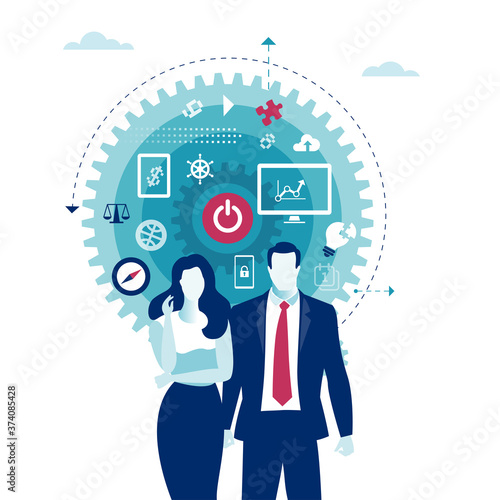 Starting business. Business couple on business icons background. Business vector illustration