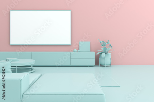 3d surreal render of tv screen and cabinet on pastel background. Mock up scene.