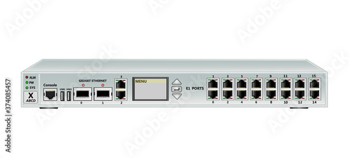 19 inch rack multiplexer-switch for Ethernet and E1 streams . Has 2 SFP ports, 2 Ethernet ports (RJ45), 16 E1 ports (RJ45) and 2 USB ports and management screen. Vector illustration. photo