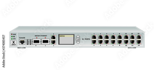 19 inch rack multiplexer-switch for Ethernet and E1 streams . Has 2 SFP ports, 2 Ethernet ports (RJ45), 16 E1 ports (RJ45) and 2 USB ports and management screen. Vector illustration.