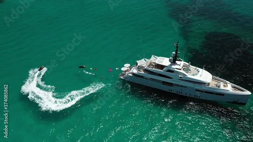 flying over the beach and the yacht Marina in Sa Rapita and es Trenc. Majorca. Spain.