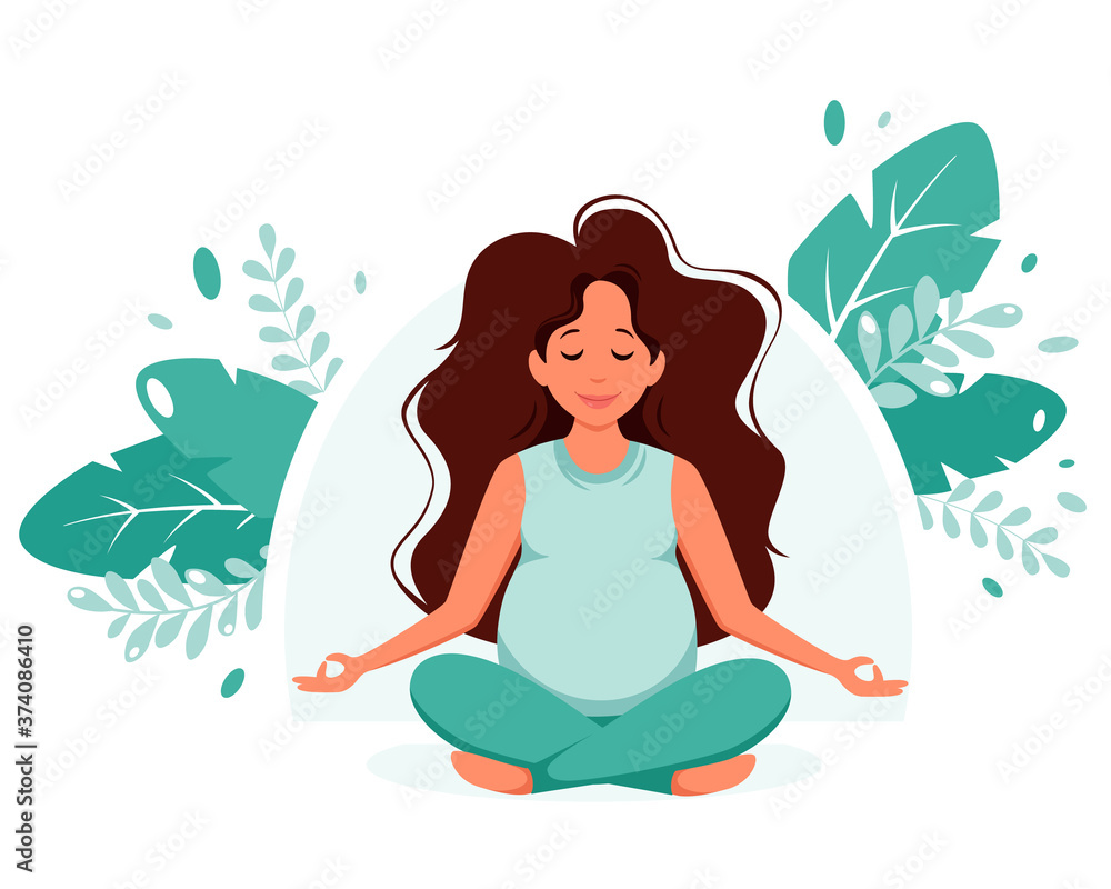 Pregnant woman doing yoga on nature background. Pregnancy health, meditation concept. Vector illustration in flat style.
