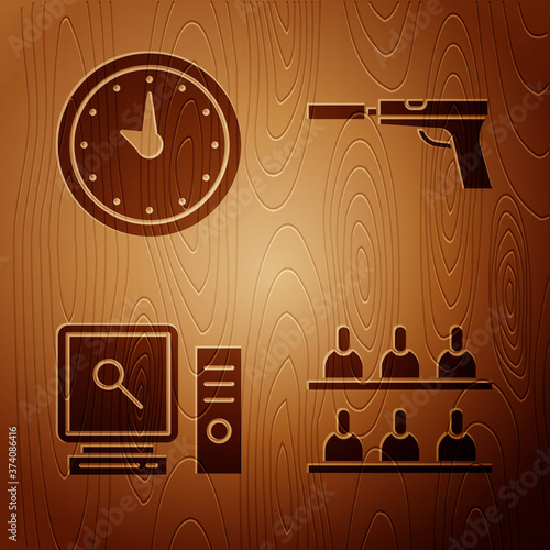 Set Jurors, Clock, Search on computer screen and Pistol or gun with silencer on wooden background. Vector.