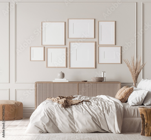Obraz na plátne Mockup frame in contemporary bedroom design, gallery wall in bight home decor, 3