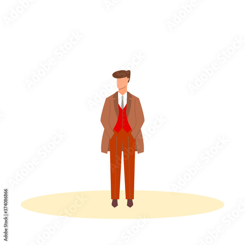 Elegant man in costume with tie and coat stands on isolated white background. Flat vector illustration.