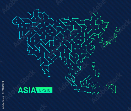 Abstract futuristic map of Asia. Electric circuit of the region. Technology background.