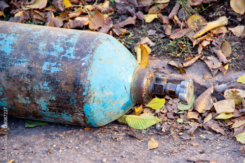 Closeup of an exhaust valve of an old empty gas cylinder