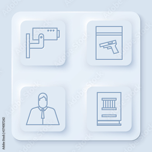 Set line Security camera, Evidence bag and pistol or gun, Lawyer, attorney, jurist and Law book. White square button. Vector.