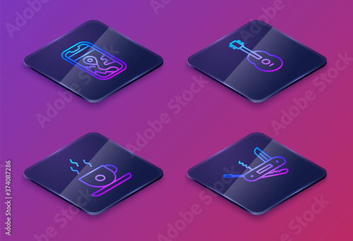 Set Isometric line City map navigation, Coffee cup, Guitar and Swiss army knife. Blue square button. Vector.