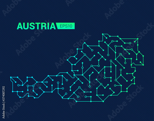 Abstract futuristic map of Austria. Electric circuit of the country. Technology background.